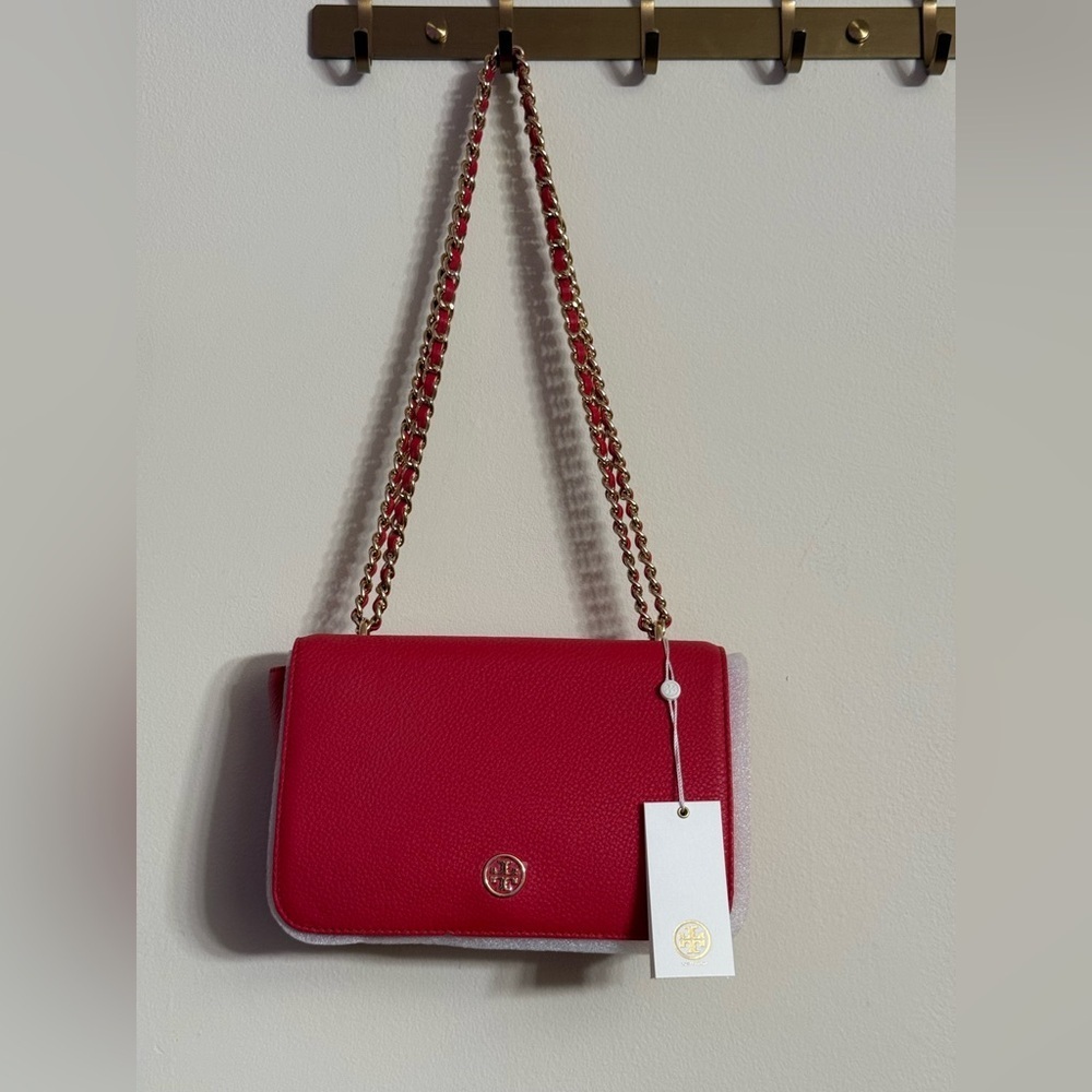 TORY BURCH Pebbled Leather Shoulder Bag With Adjustable Chain Vermillion Red